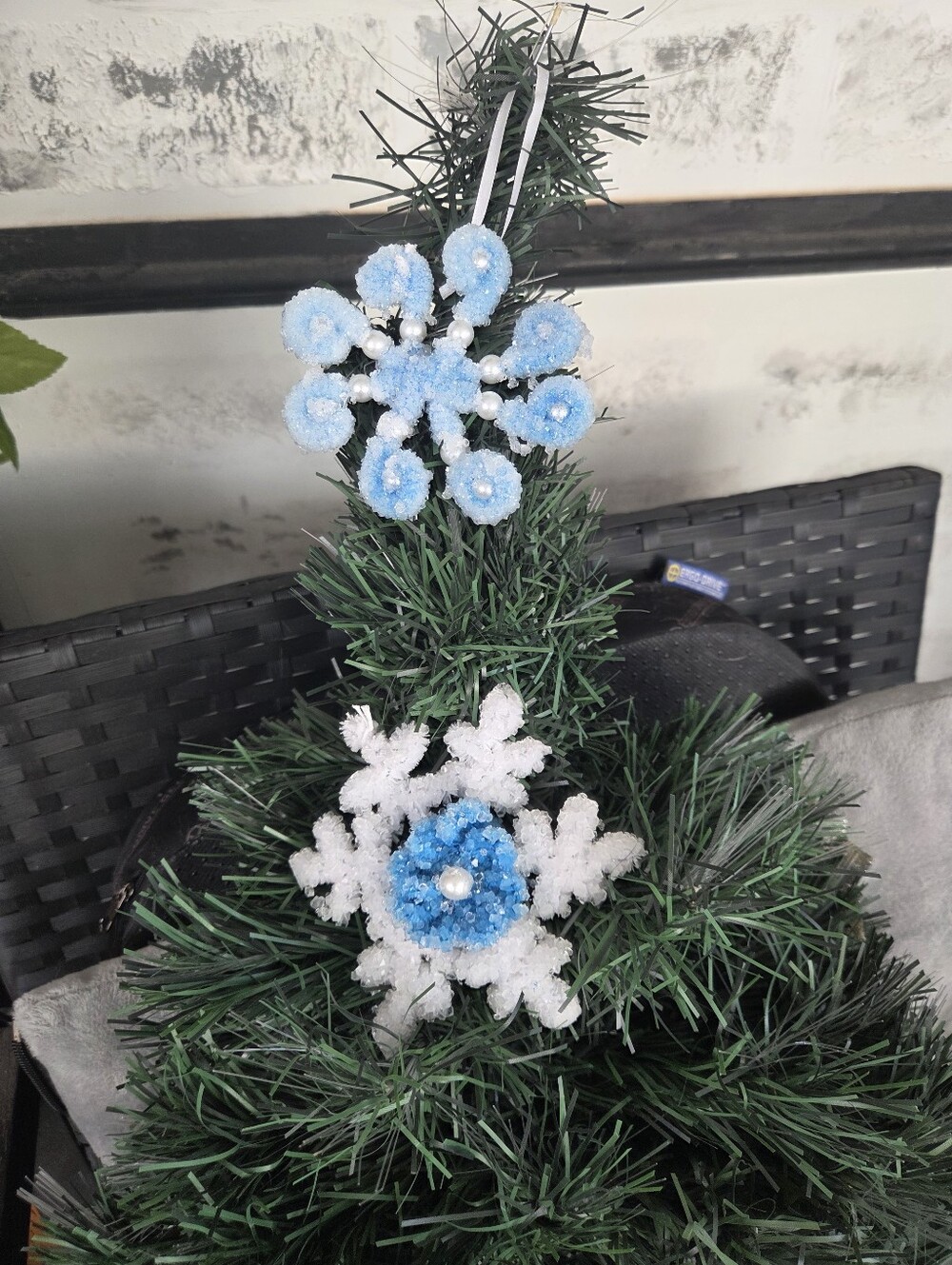 2 Handmade crystalized Blue and White Snowflake Holiday Ornaments -